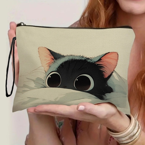 Trousse De Maquillage Chat Noir Mignonne Pochette De Toilette En Toile De Lin Avec Dragonne Imprimé Double Face Organisateur De Voyage