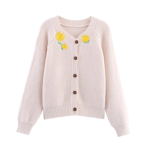 Dames Gebreid Vest Losse Pasvorm Zonnebloem Borduurwerk V Hals Knoopsluiting Lange Mouwen Casual Bovenkleding