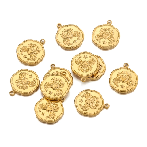 Stainless Steel Zodiac Sign Charms Gold Plated Round Coin Pendants For DIY Jewelry Making Constellation Components