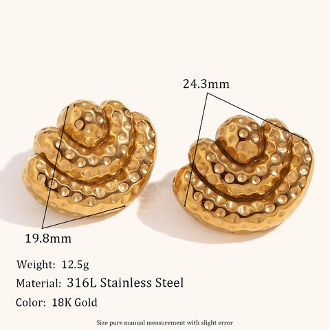 Orecchini a Bottone a Ventaglio in Acciaio Inossidabile Martellato Design Geometrico a Onde Oro Argento per Donna