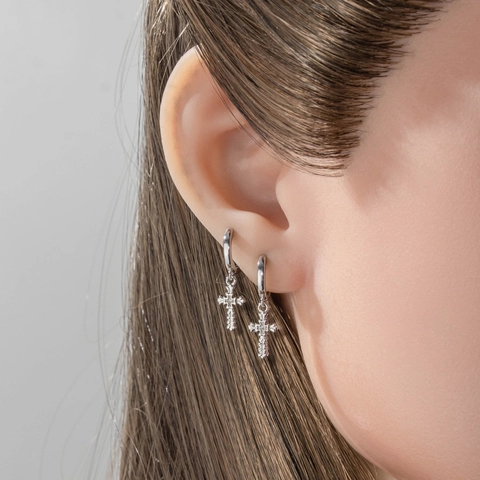 Orecchini A Cerchio Con Pendente A Croce Rame Micro Intarsiato Zircone Gothic Punk Huggie Dangle Gioielli Minimalisti Uomo Donna
