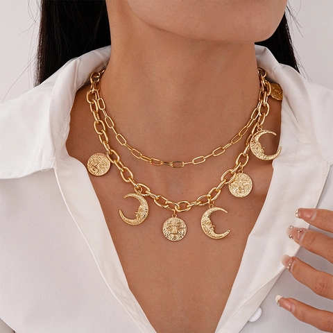 Vintage Boho Double Layer Alloy Necklace With Celestial Sun And Moon Face Pendants For Women Retro Ethnic Style Jewelry