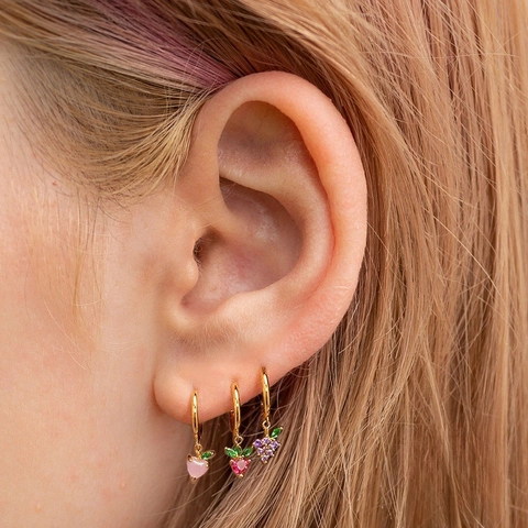 Fruit Hoop Earrings Copper Gold Plated Zircon Strawberry Cherry With 925 Sterling Silver Earring Post For Women