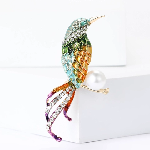 Spilla A Forma Di Uccello Colorata Lega Smalto Strass Perla Artificial Sintetica Accessorio Elegante Per Abiti Da Donna