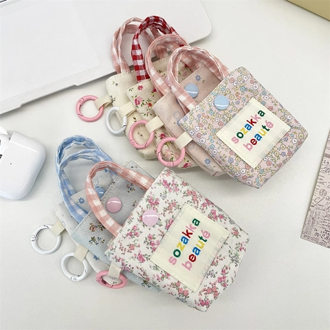 Bloemen Canvas Koptelefoon Tasje Mini Stoffen Opbergzakje Met Drukknop Ophanghaak Voor Draadloze Oortjes Munten Reizen