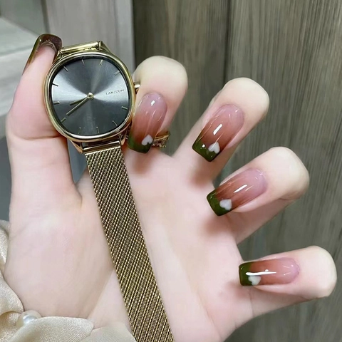 French Gradient Heart Press On Nails Glossy Dark Brown Artificial Fake Nails With Glue For Women Daily Wear