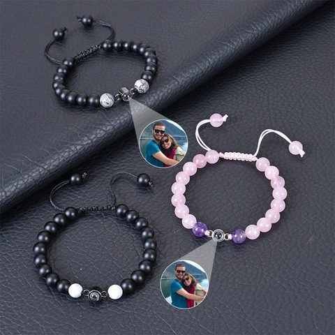 Pulsera De Cuentas De Proyección De Fotos Piedra Volcánica Ojo De Tigre Cuerda Trenzada Joyería Ajustable Hombre Mujer
