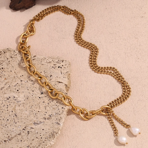 Stainless Steel Y-Shaped Necklace With Freshwater Pearl Double Layer Cuban Link Chain Gold Plated Fashion Jewelry For Women