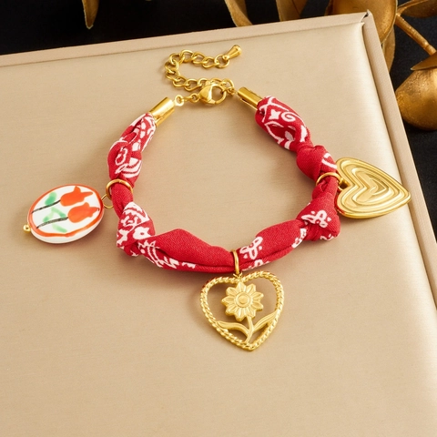 Vintage French Red Printed Fabric Stainless Steel Bracelet With Heart Flower Ceramic Pendant Women Elegant Jewelry