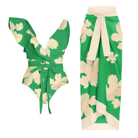 Tropical Floral Single Shoulder Swimsuit With Ruffles And Sarong Polyester Beachwear For Women Beach Vacation