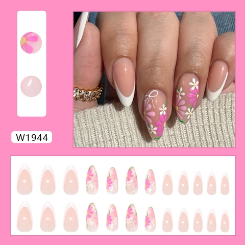 Press On Nails Weiße Französische Mandelform Blumen Bogen Design Süße Künstliche Falsche Fingernägel Für Frauen