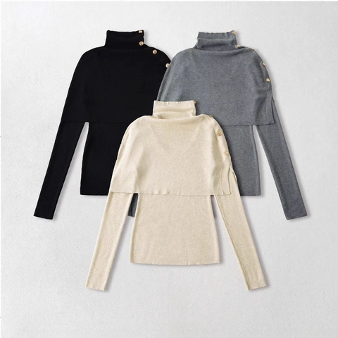Women Ribbed Knit High Neck Long Sleeve Top And Gold Button Cape Elegant Solid Color Sweater Pullover Outfit