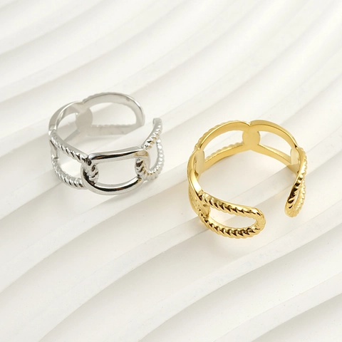 Anillo De Acero Inoxidable Chapado En Oro 18K Abierto Ajustable Eslabones De Cadena Trenzada Joyería Mujer