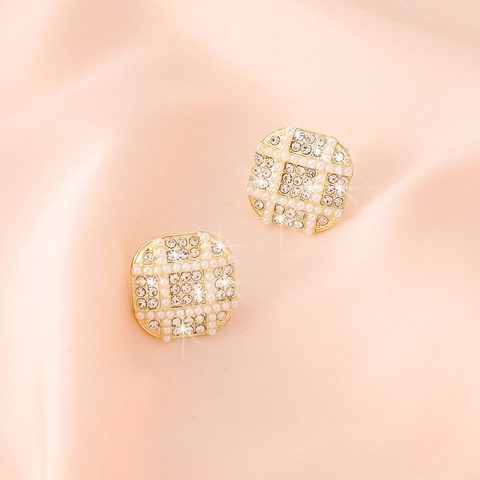 Vintage Alloy Square Grid Stud Earrings With 925 Sterling Silver Post Gold Rhinestone Artificial Pearl Ear Jewelry
