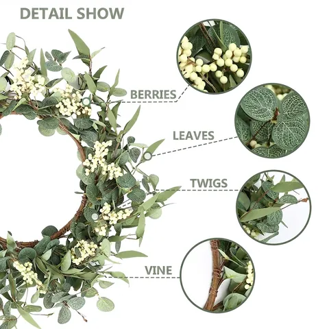 Künstlicher Eukalyptus Olivenblatt Kranz Mit Weißen Beeren Welcome Schild Für Haustür Wand Deko Bauernhaus Heim Innen Dekoration Grüner Kranz