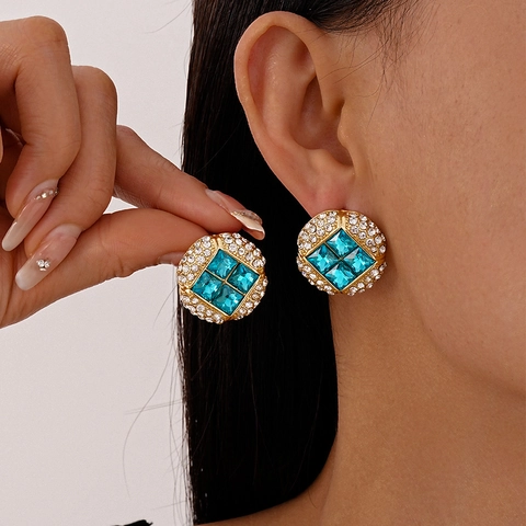 Vintage French Luxury Round Stud Earrings For Women With Blue Crystal White Rhinestone And Silver Earring Post