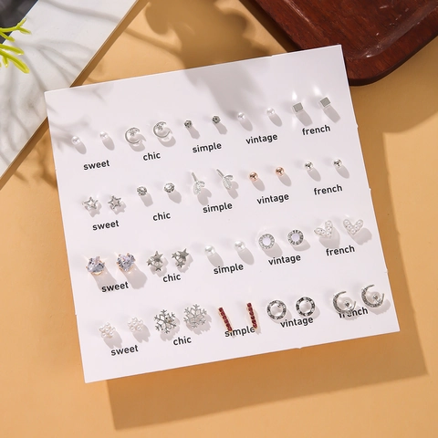 Alloy Stud Earrings Faux Artificial Pearl Rhinestone Geometric Heart Star Moon Snowflakes Vintage Elegant Jewelry Accessory Women