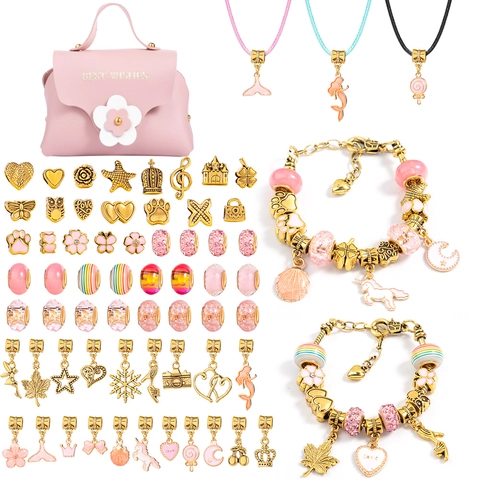 DIY Jewelry Making Kit Girls Kids Charm Bracelet Necklace Set Alloy Beads Unicorn Mermaid Pendants PU Handbag Arts Crafts Gift