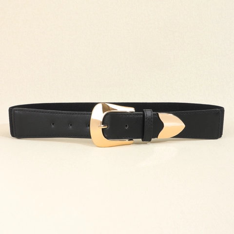 Damen Elastischer Gürtel PU Leder Wespengürtel Mit Goldener Geometrischer Hufeisenschnalle Modischer Dekorativer Taillengürtel