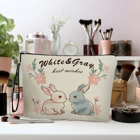 Borsa Per Trucco Con Stampa Coniglietto Pasquale In Lino Fine Organizer Da Viaggio Con Cinturino Da Polso Per Donna