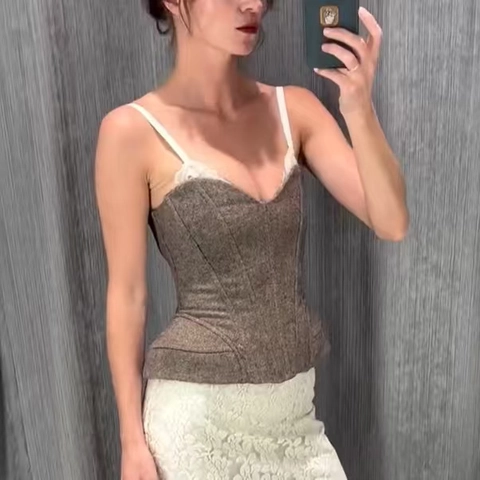 Top Corsé Sexy Para Mujer Encaje Patchwork Camisola Textura Tweed Ajuste Ceñido Estilo Francés Bustier Elegante Sin Mangas