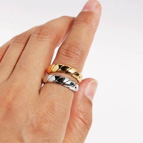 Twisted Rope Open Ring Copper 24K Gold Plated Braided Diagonal Stripes Band Adjustable Minimalist Jewelry For Women Men