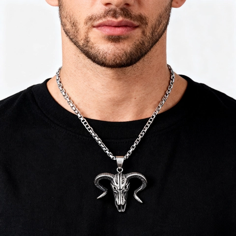 Ram Skull Pendant Necklace Stainless Steel Viking Goat Head Gothic Punk Vintage Jewelry For Men Antique Silver Color