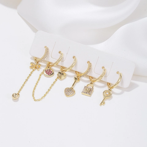 Orecchini Rame Zircone Cuore Chiave Lucchetto Nappa Asimmetrici Gioielli Moda Donna