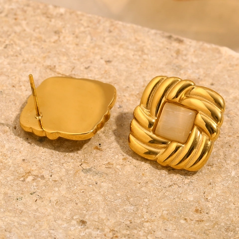 Vierkante Oorknopjes 18K Verguld Roestvrij Staal Met Kattenoogsteen Geometrische Retro Twist Sieraden Voor Dames