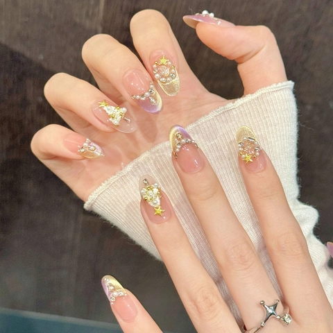 Press On Nails Christmas Star Wish Pink Gradient With Artificial Pearls Rhinestones Gold Stars Handmade Winter Holiday Theme Oval Shape
