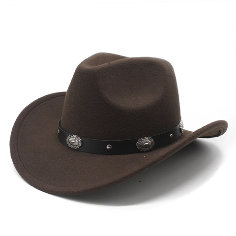 Western Cowboy Hat Polyester Woolen Felt Wide Brim Pinch Front Vintage Ethnic Style With Metal Concho Leather Band