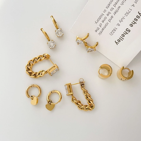 Stainless Steel Gold Plated Hoop Earrings With Cubic Zirconia Heart Square Water Drop Geometric Minimalist Jewelry Women
