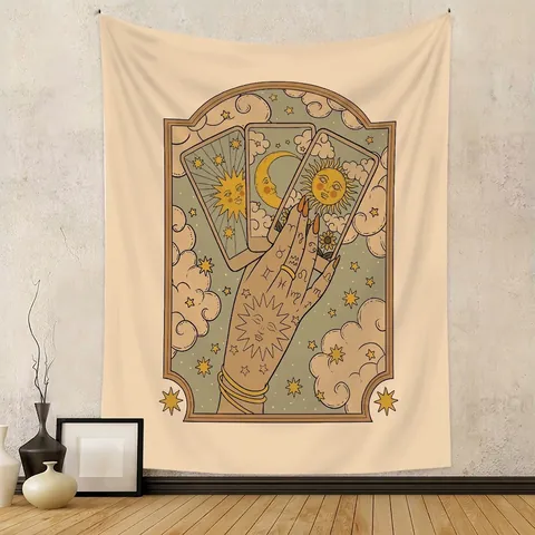 Tapiz De Pared Gato Místico Retro Tarot Sol Luna Estrella Tela Poliéster Estilo Bohemio Fondo Decoración De Habitación