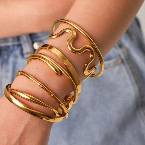 18K Gold Plated Stainless Steel Open Cuff Bangle Bracelet For Women Non Fading Tarnish Free Smooth Wavy Organic Design