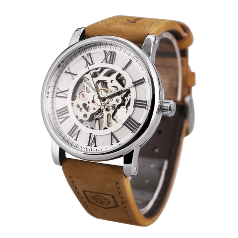 Men Skeleton Mechanical Watch Roman Numerals Luxury Leather Strap Stainless Steel Case Luminous Hands Fashion Round Dial