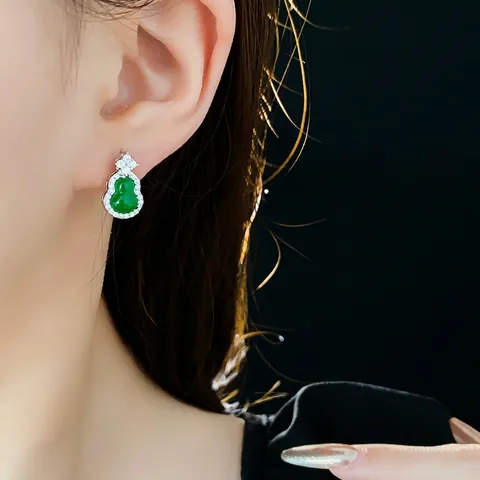 Green Gemstone Gourd Wu Lou Stud Earrings With Zircon Copper Base And Silver Earring Post Vintage Chinese Style For Women