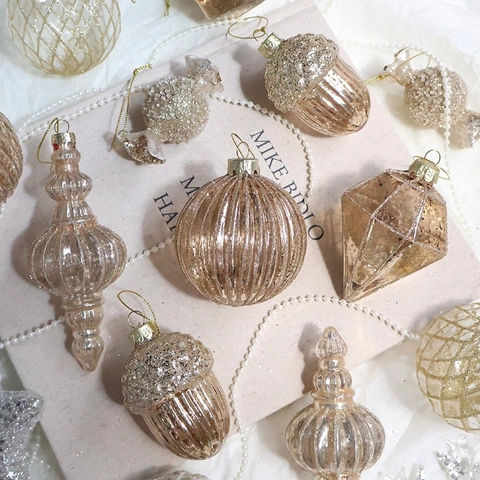 Ornements De Noël En Verre Or Champagne Vintage Pailleté Texturé Boule Pomme De Pin Bonbon Glaçon Pendentifs Décoration De Fêtes