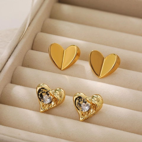 18K Gold Plated Copper Heart Button Stud Earrings For Women Vintage Melting Heart Zirconia Inlaid Luxury Jewelry Gift