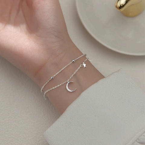 Bracciale Doppio Strato Stella Luna Con Zircone Rame Argentato Gioielli Regolabili Per Donna Stile Design Nicchia