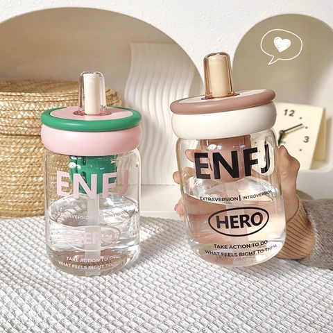 Bicchiere In Vetro Con Cannuccia E Infusore Per Tè MBTI Tema Personalità Manico Portatile Bottiglia D'acqua Ufficio