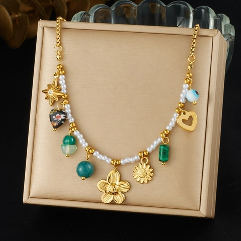 Collana In Acciaio Inossidabile Placcato Oro Con Künstliche Perle Sintetiche Camelia Cuore Malocchio Stella Gioielli Boho Vintage