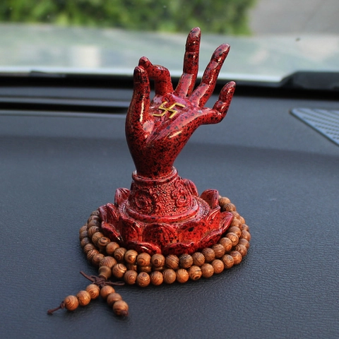 Car Buddha Hand Ornament Resin Lotus Base With Wood Beads Zen Dashboard Decoration Accessory Red