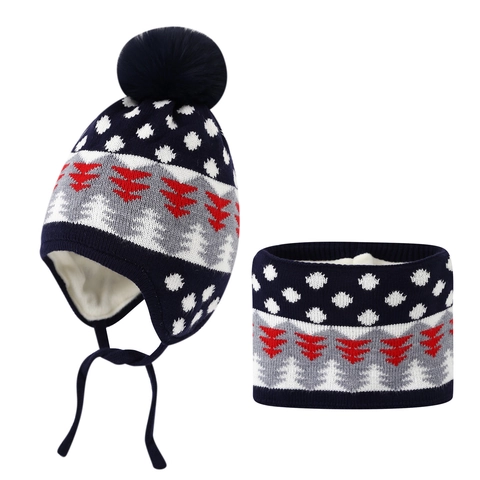 Children Winter Knit Hat And Scarf Fleece Lined Pom Pom Jacquard Tree Snowflakes Warm For Boys Girls 3-6 Years