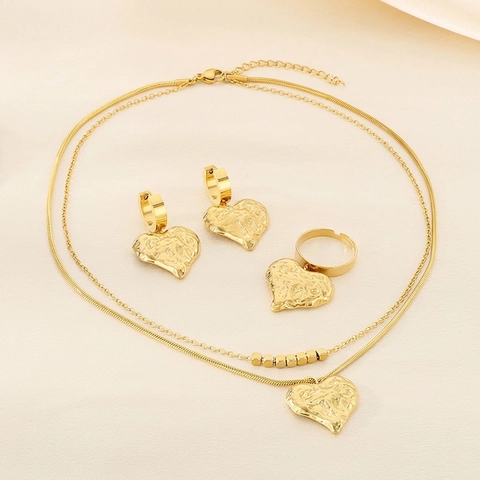 18K Gold Plated Stainless Steel Jewelry Quilted Heart Double Layer Snake Chain Necklace Earrings Ring For Women Trendy