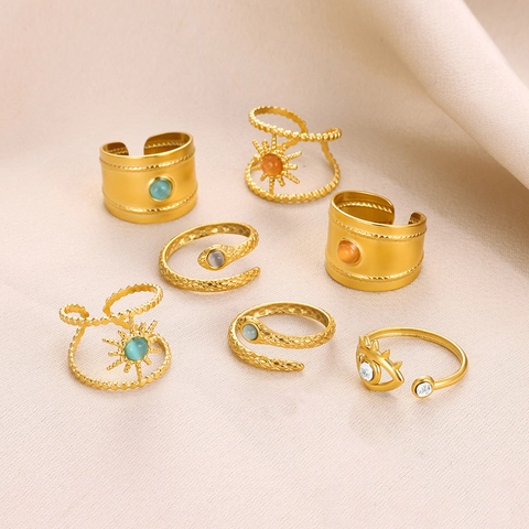 Verstelbare Ring Van Roestvrij Staal Verguld Retro Zon Sterrenregen Slang Boze Oog Kattenoogsteen Sieraden Voor Dames