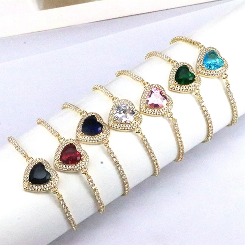 Heart Zircon Bracelet Copper 18K Gold Plated Adjustable Slider Box Chain Light Luxury Elegant Minimalist Gift Women