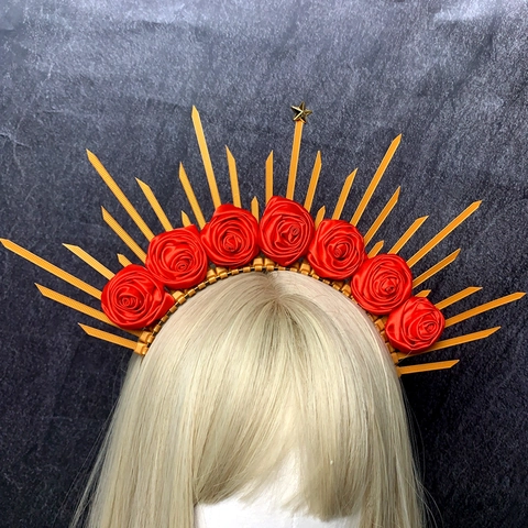 Gotische Heiligenschein Krone Stirnband Mit Satin Rosen Und Metall Sternen Sonnenstrahl Kopfschmuck Für Cosplay Party