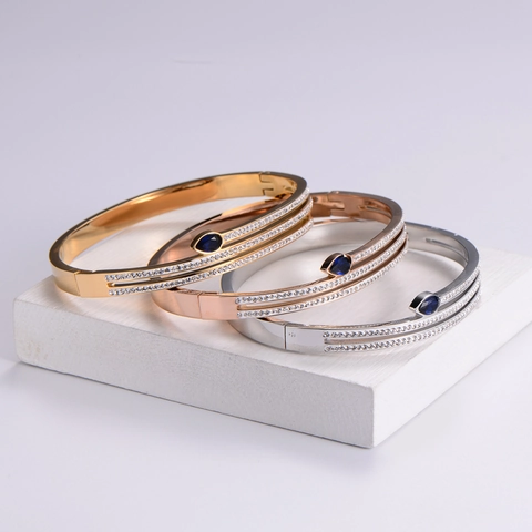 Brazalete De Acero Inoxidable Para Mujer Chapado En Oro De 18K Lujo Circonita Piedra Gota De Agua Azul Tendencia