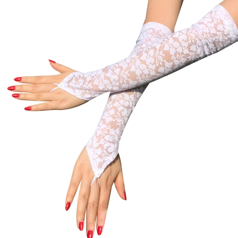 Lange Fingerlose Spitzenhandschuhe Transparentes Mesh Strass Hakenfinger Hochzeit Party Braut Elegant Damen