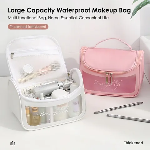 Große Kapazität Kosmetiktasche Wasserdicht PVC PU Reise Waschbeutel Transparentes Fenster Tragbarer Griff Make-up Organizer Beutel